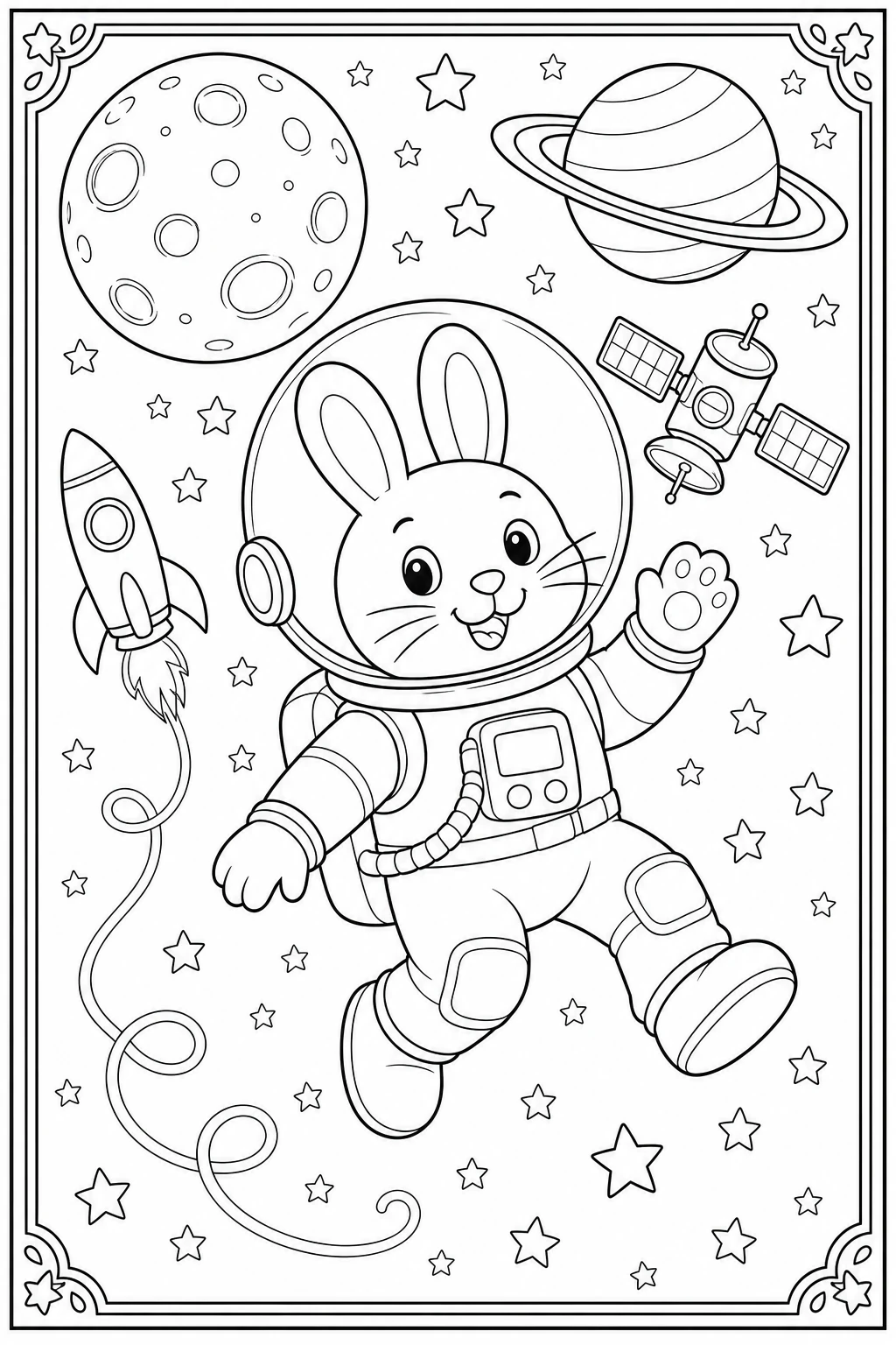 Coloriage lapin astronaute flottant dans l'espace en combinaison à imprimer