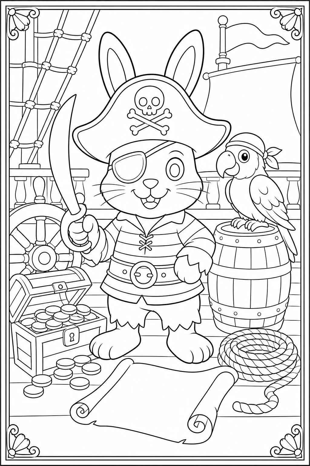 Coloriage lapin pirate avec cache-œil et chapeau de pirate à imprimer