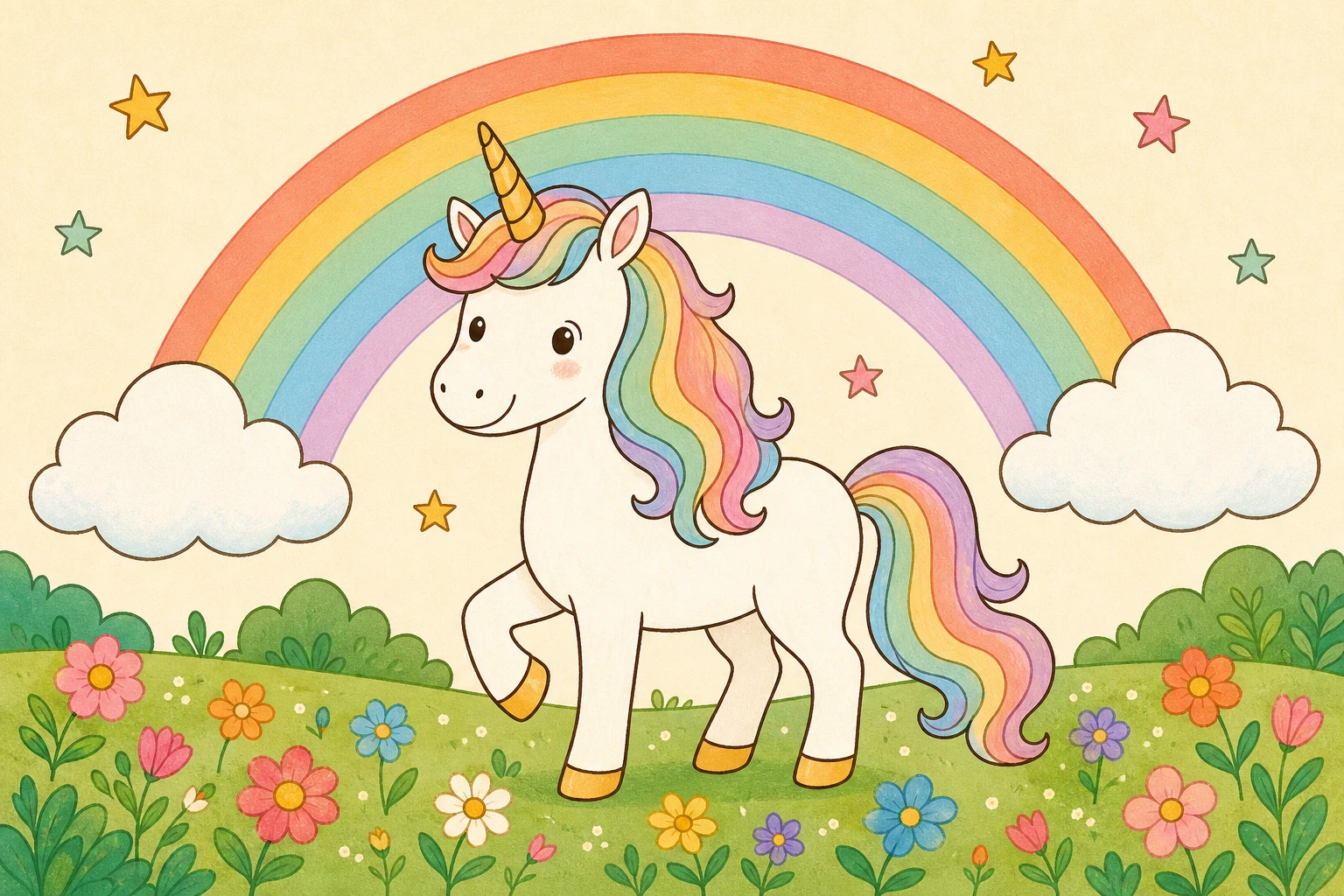 Licorne a criniere arc-en-ciel dans une prairie fleurie