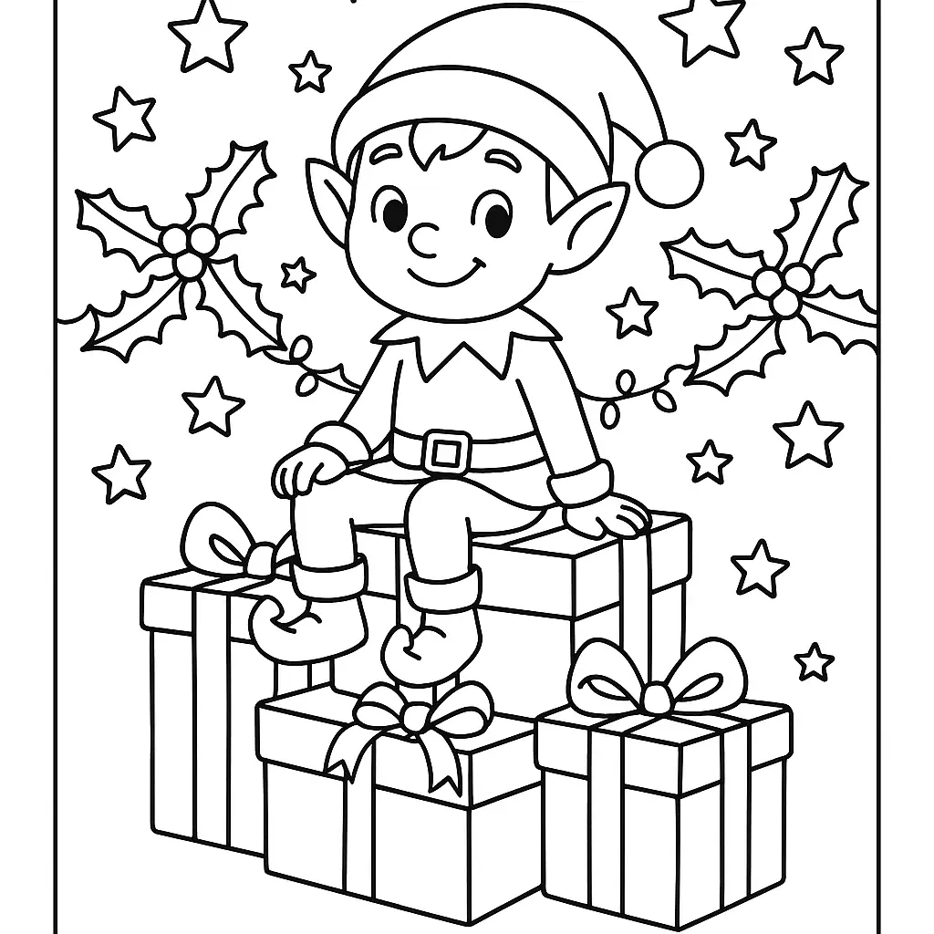 Coloriage de lutin de Noël entouré de cadeaux et de guirlandes à imprimer