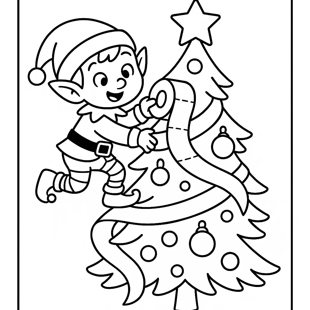 Coloriage de lutin de Noël qui décore le sapin à imprimer