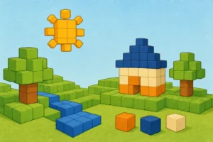 Paysage de cubes de construction colores a colorier