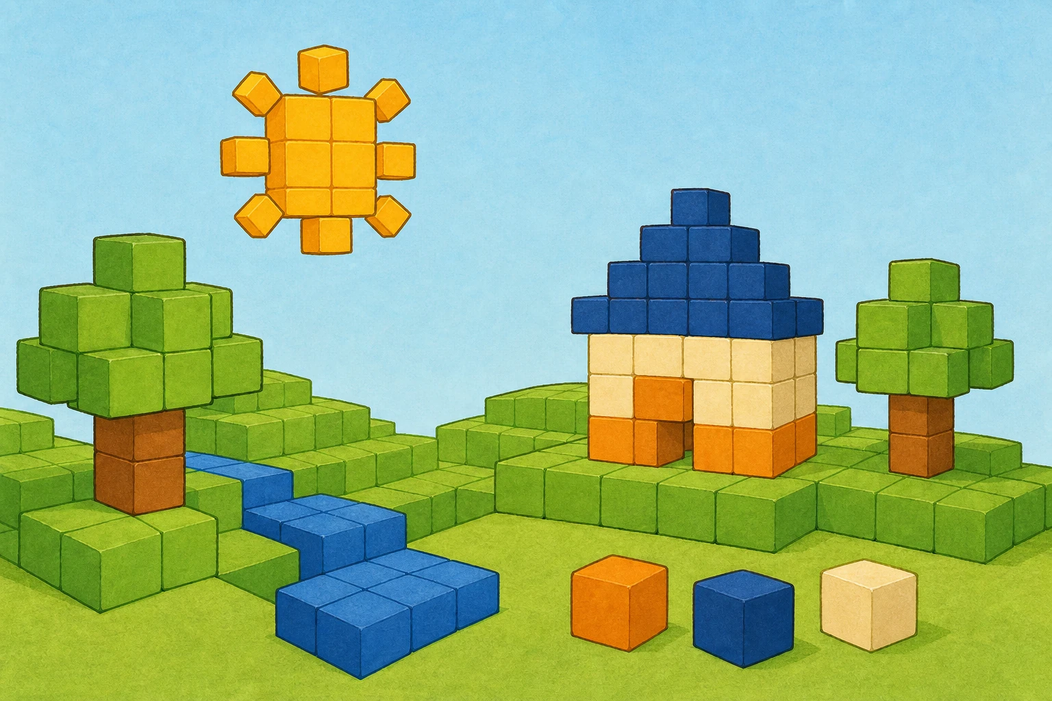 Paysage de cubes de construction colores a colorier