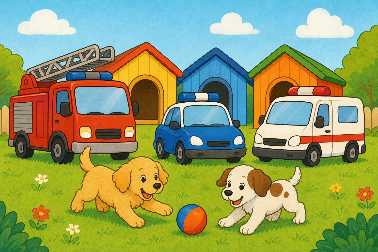 Vehicules de secours et niches colorees avec deux chiots