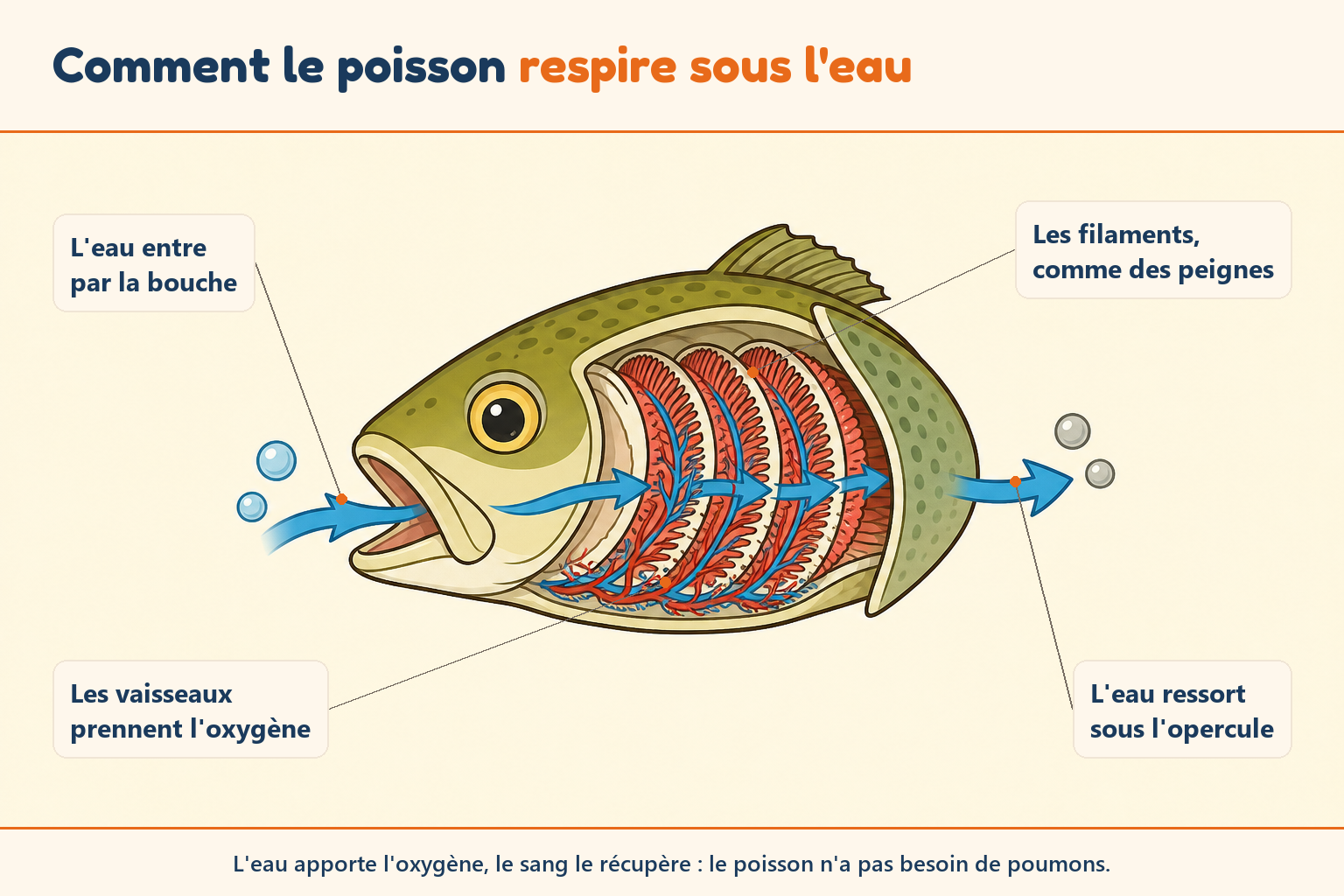 Schéma détaillé des filaments et lamelles branchiales d'un poisson
