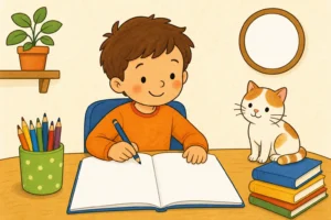 Enfant qui ecrit dans un cahier ouvert pour apprendre la conjugaison