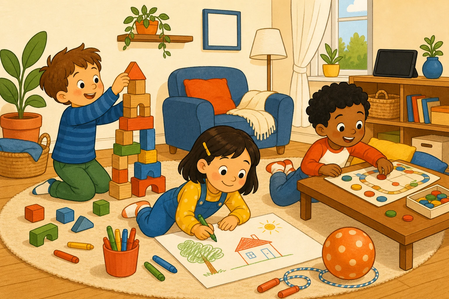 Trois enfants qui jouent sans écran : une tour de cubes, un dessin aux feutres, un jeu de société, pendant qu'une tablette éteinte reste sur l'étagère