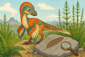 Un dinosaure à plumes orange et turquoise dans un paysage de fougères, et au premier plan une plume fossilisée dans la roche avec une loupe