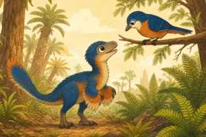 Un petit dinosaure au duvet bien visible sur les bras et la queue, face à un oiseau coloré posé sur une branche au-dessus de lui