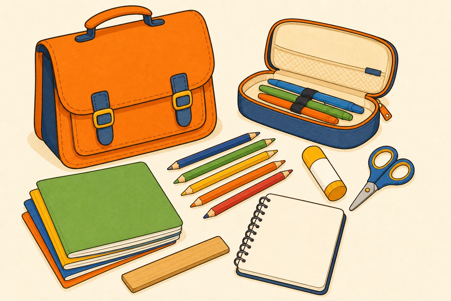 Des fournitures scolaires neuves bien rangées : cartable orange, trousse ouverte, crayons de couleur, règle, colle, ciseaux et cahiers