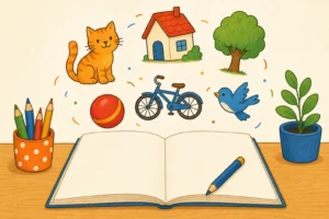 Un grand cahier ouvert avec un crayon posé dessus, entouré d'objets simples à nommer : un chat, une maison, un arbre, un ballon, un vélo et un oiseau