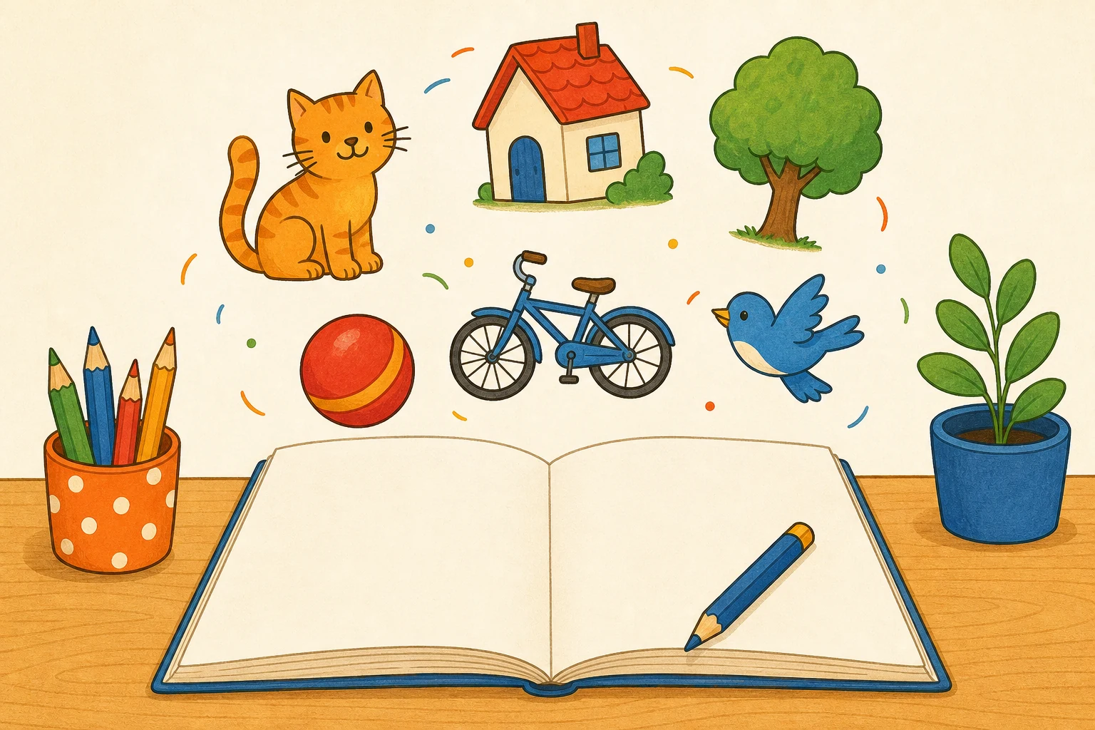 Un grand cahier ouvert avec un crayon posé dessus, entouré d'objets simples à nommer : un chat, une maison, un arbre, un ballon, un vélo et un oiseau
