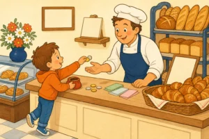 Un enfant sur la pointe des pieds tend des pièces au boulanger par-dessus le comptoir, avec des pains et des croissants dans un panier