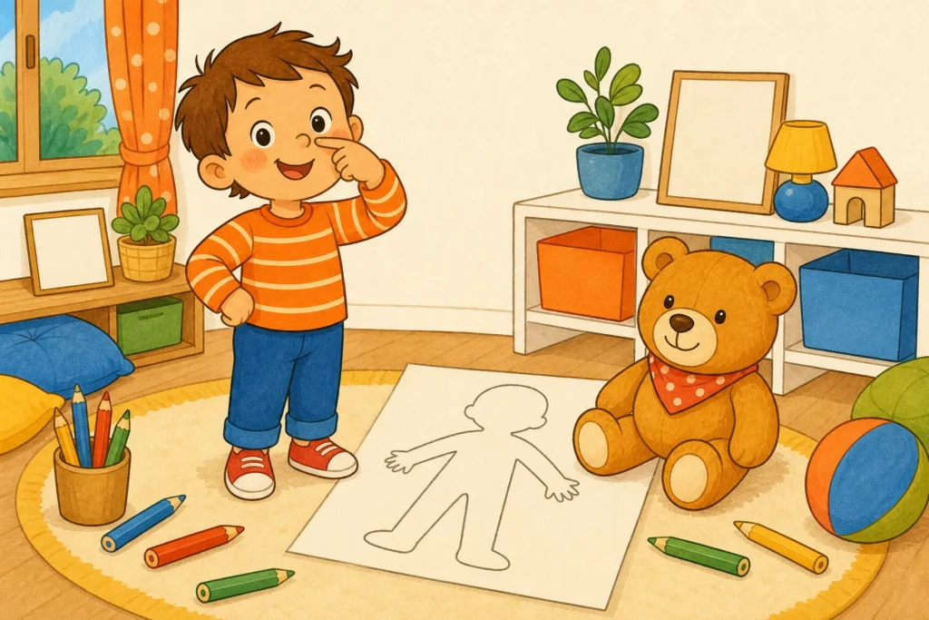 Un jeune enfant montre son nez du doigt, un ours en peluche à côté et le contour de son corps tracé sur une grande feuille