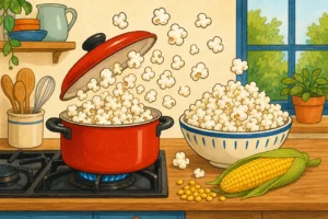 Une casserole sur le feu dont le couvercle se soulève tandis que le pop-corn éclate, avec un épi de maïs et des grains sur le plan de travail
