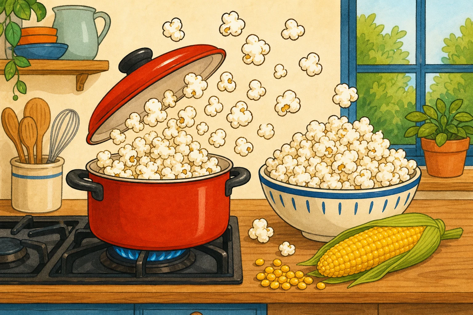 Une casserole sur le feu dont le couvercle se soulève tandis que le pop-corn éclate, avec un épi de maïs et des grains sur le plan de travail