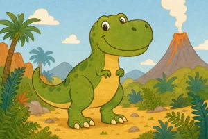 Un tyrannosaure amical à la grosse tête et aux bras minuscules repliés sur sa poitrine, dans une vallée préhistorique ensoleillée