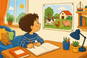 Un enfant assis à son bureau qui écrit dans son cahier en regardant une image de ferme affichée au mur devant lui