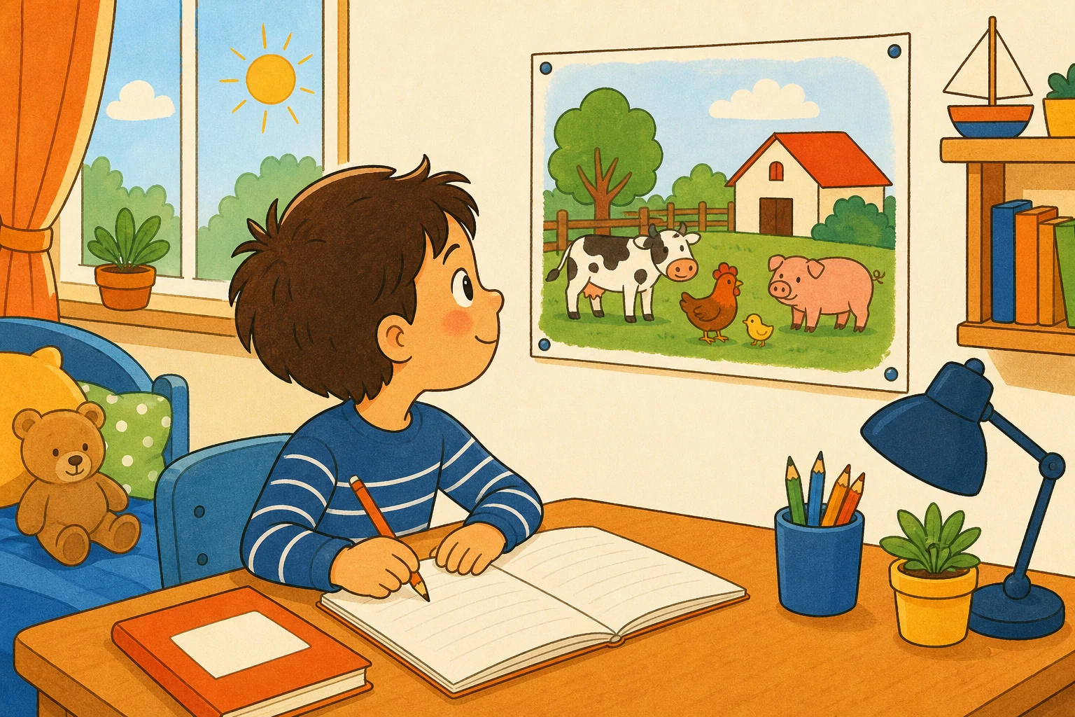 Un enfant assis à son bureau qui écrit dans son cahier en regardant une image de ferme affichée au mur devant lui