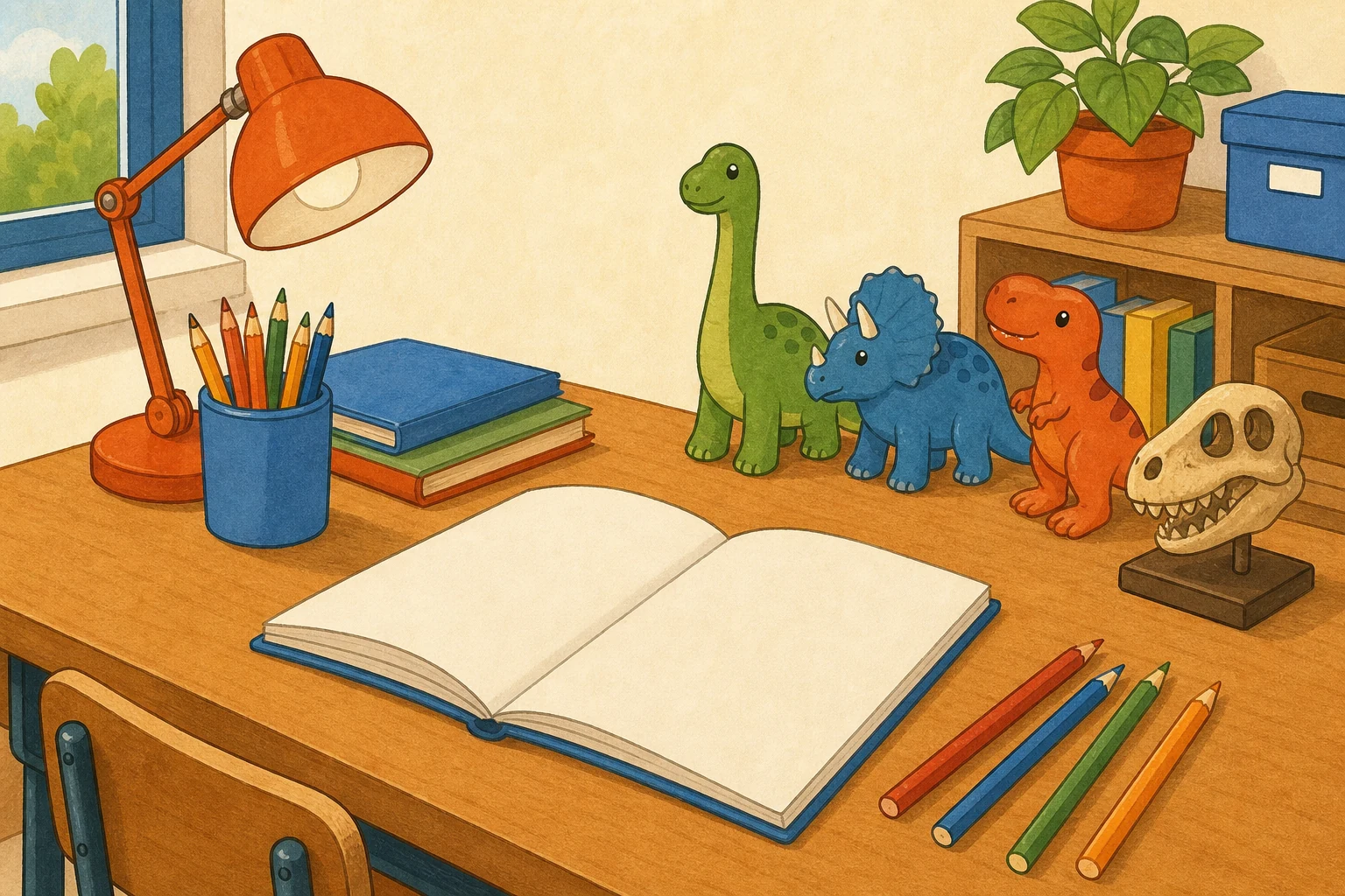 Un cahier ouvert et des crayons de couleur sur un bureau, entourés de trois figurines de dinosaures et d'un petit crâne modèle