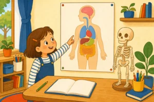 Une grande planche du corps humain affichée au mur d'une classe, un petit squelette d'étude en bois sur le bureau, un cahier et des crayons