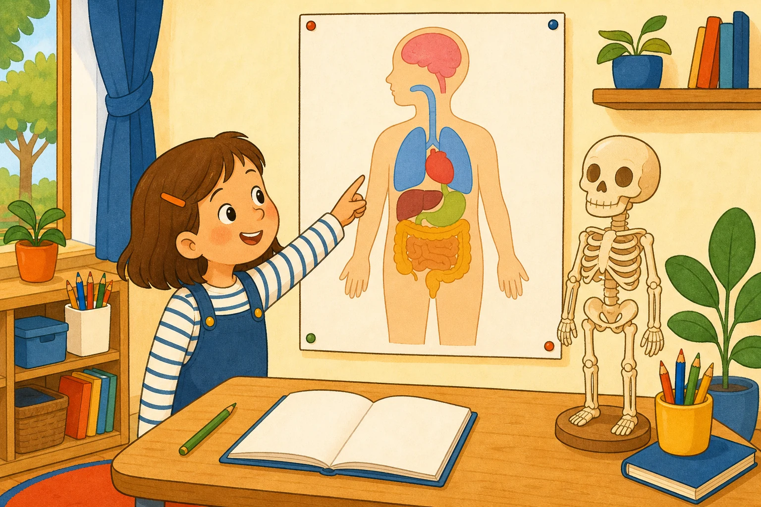 Une grande planche du corps humain affichée au mur d'une classe, un petit squelette d'étude en bois sur le bureau, un cahier et des crayons