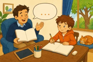 Un parent lit a voix haute pendant qu'un enfant de CE1 ecrit sur son cahier, scene de dictee a la maison