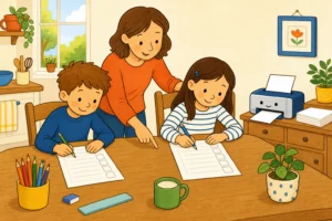 Parent et enfants qui impriment et remplissent des fiches d'exercices CP CE1 CE2
