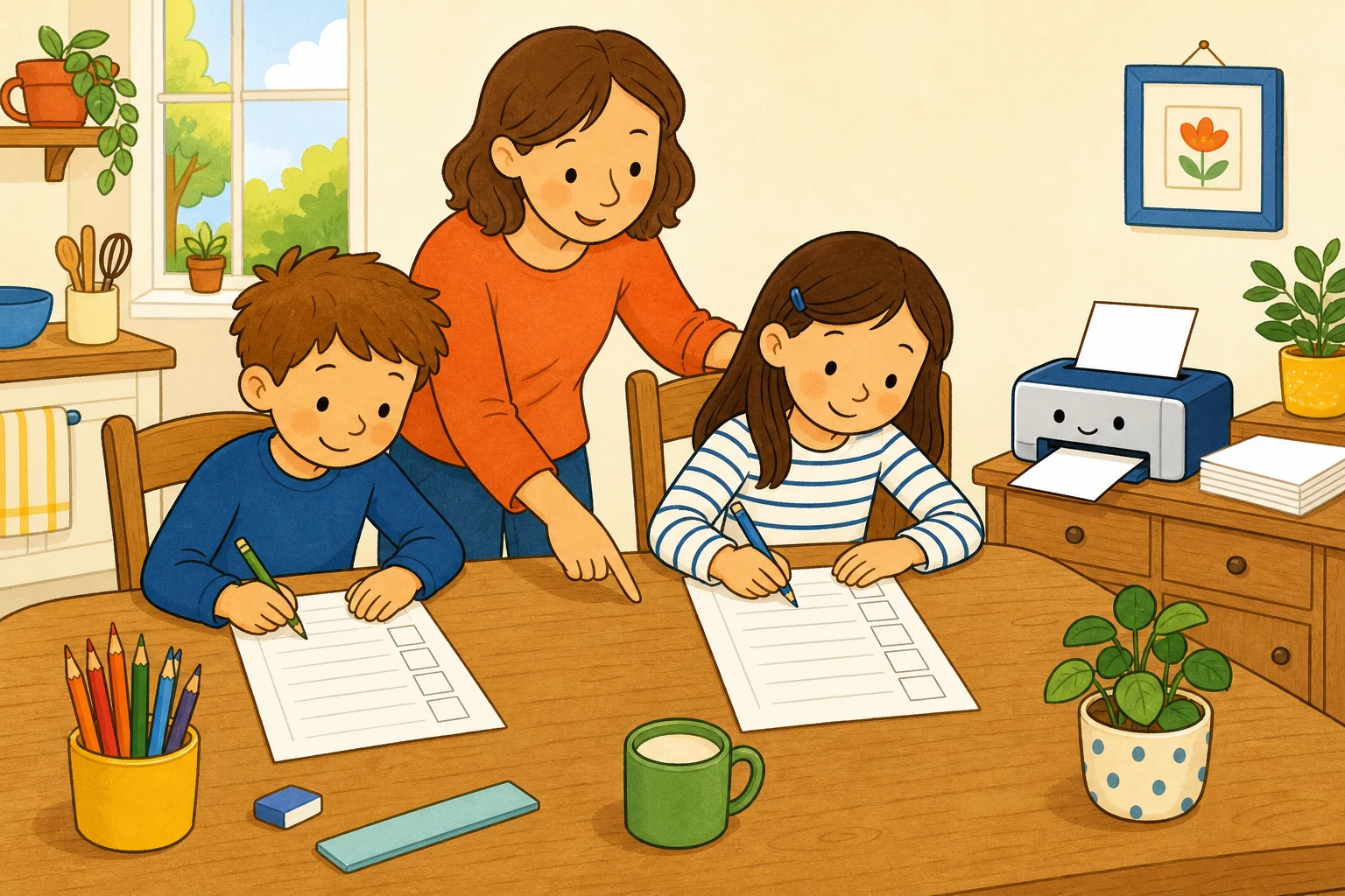 Parent et enfants qui impriment et remplissent des fiches d'exercices CP CE1 CE2