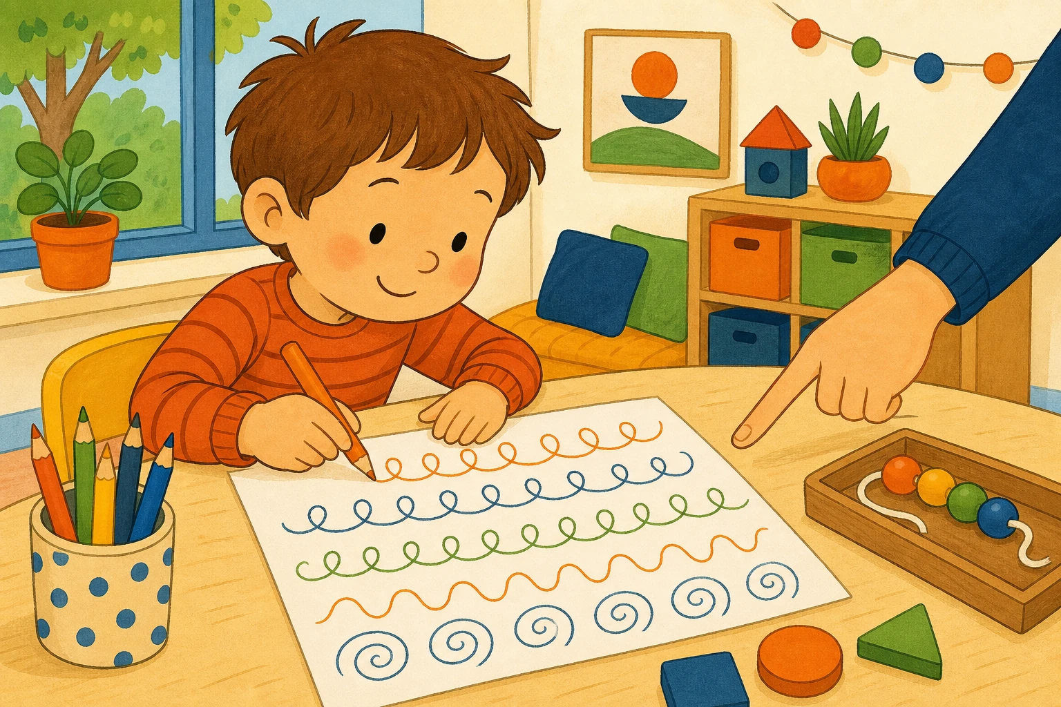 Enfant de grande section trace des boucles au crayon, perles a compter et formes geometriques a cote