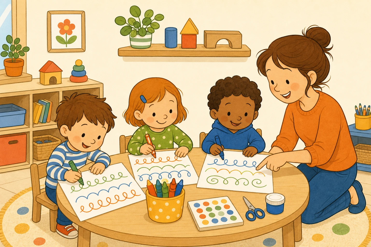 Enfants de maternelle qui tracent des boucles et des vagues sur des fiches de graphisme