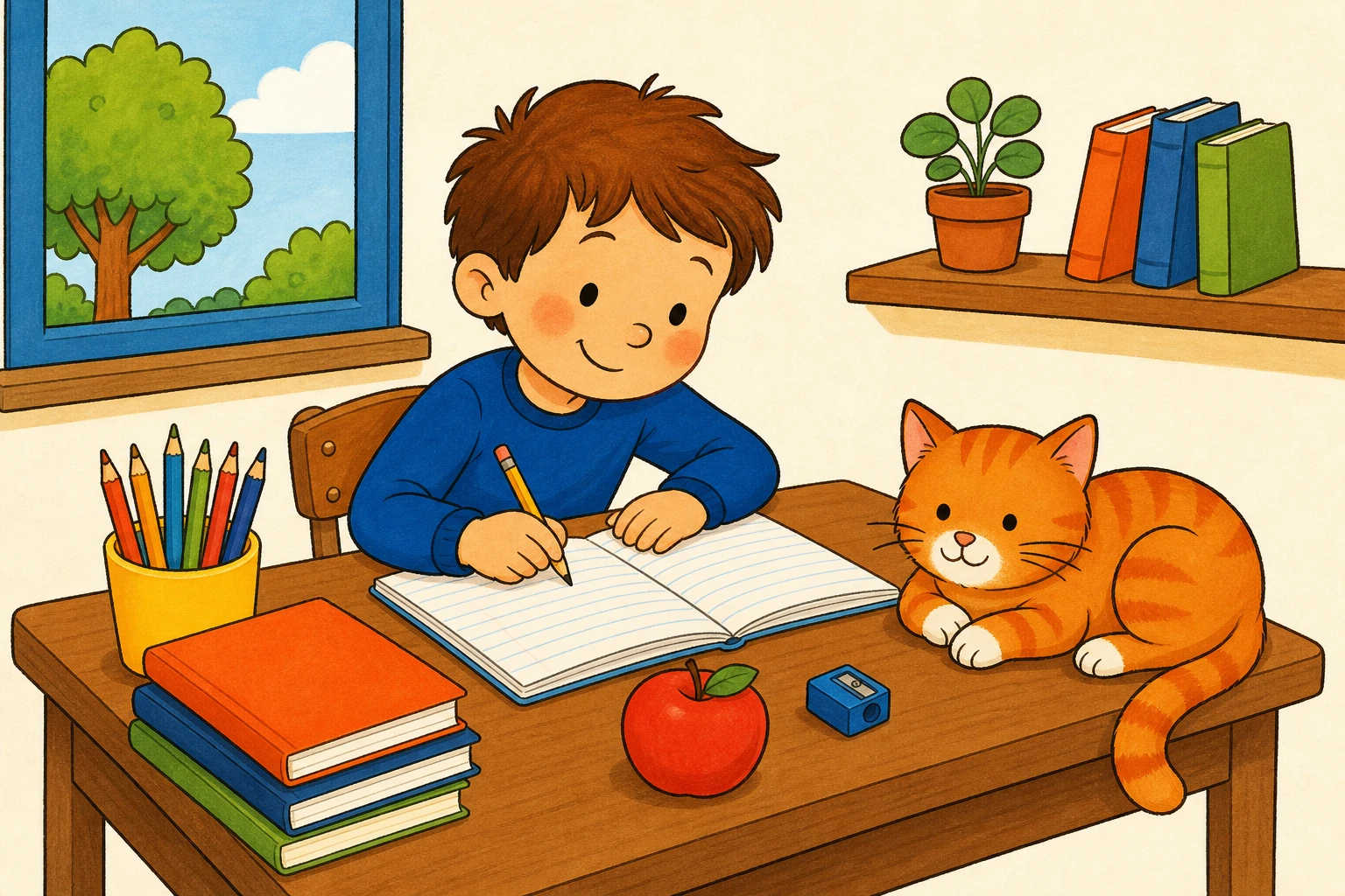Ecolier de CE1 attable qui fait ses exercices de francais, un chat roux a cote