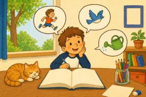 Enfant de CE1 assis a une table avec un grand livre ouvert et des bulles illustrees, apprentissage du francais