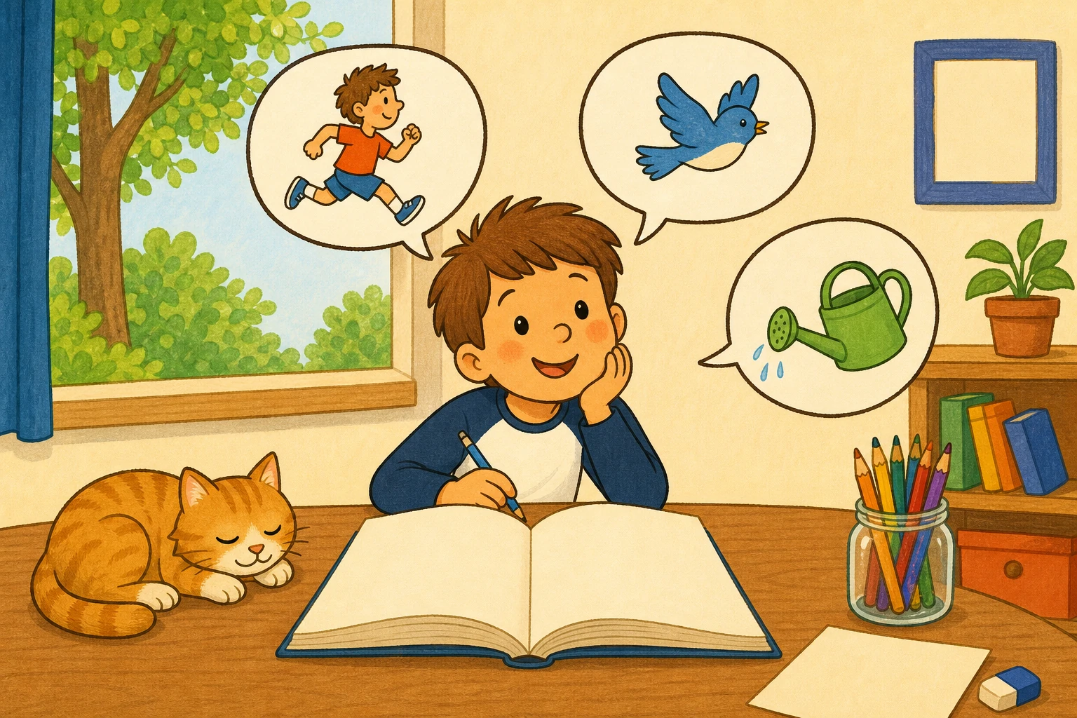 Enfant de CE1 assis a une table avec un grand livre ouvert et des bulles illustrees, apprentissage du francais