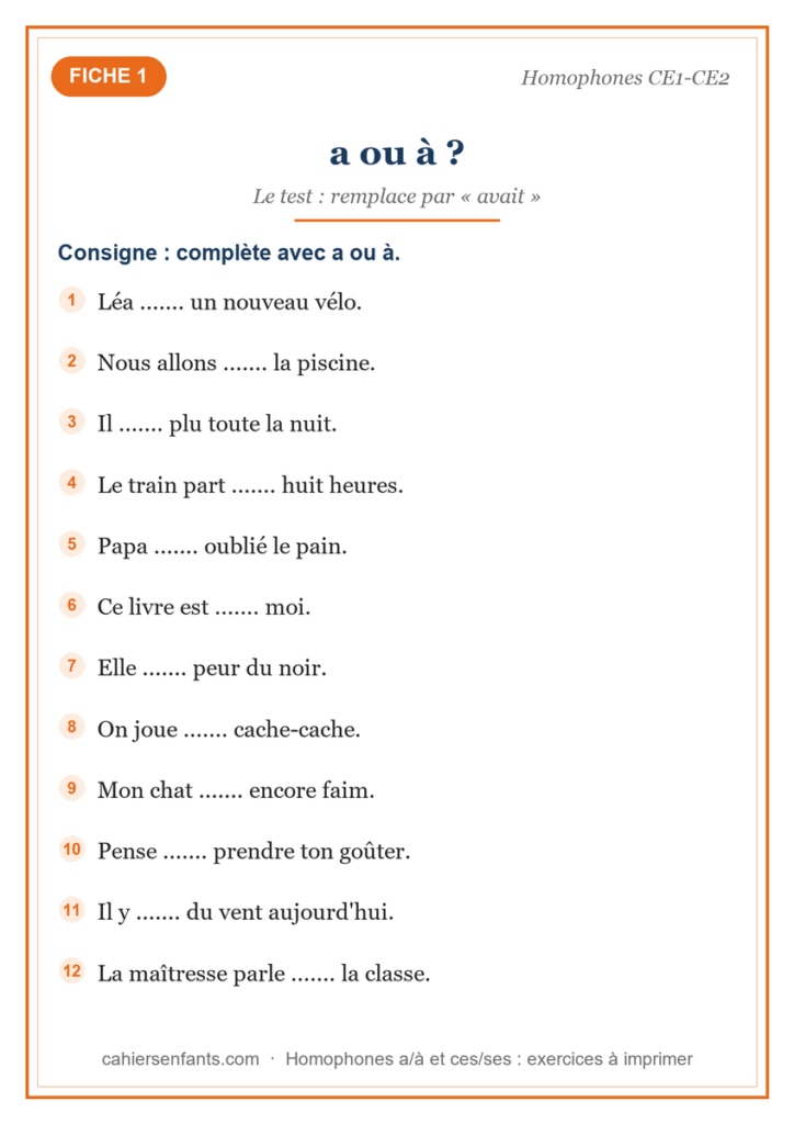 Exercice a ou à CE1 CE2, 12 phrases à compléter à imprimer