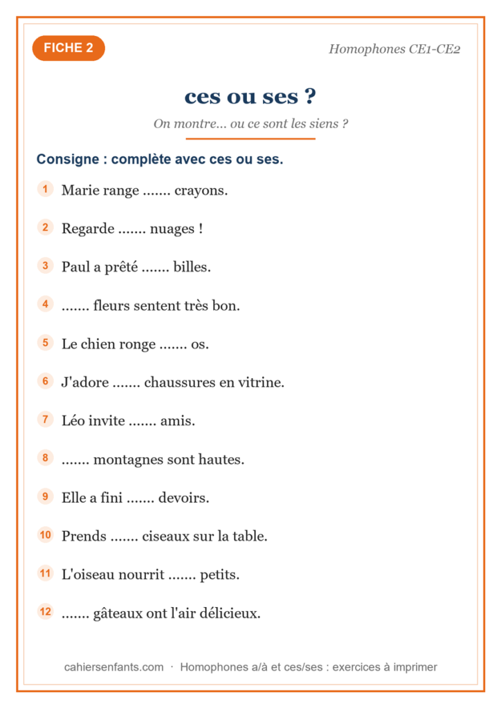 Exercice ces ou ses CE2, fiche d'homophones à imprimer