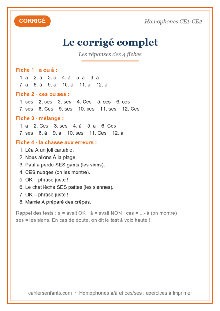 Corrigé des exercices d'homophones a à et ces ses