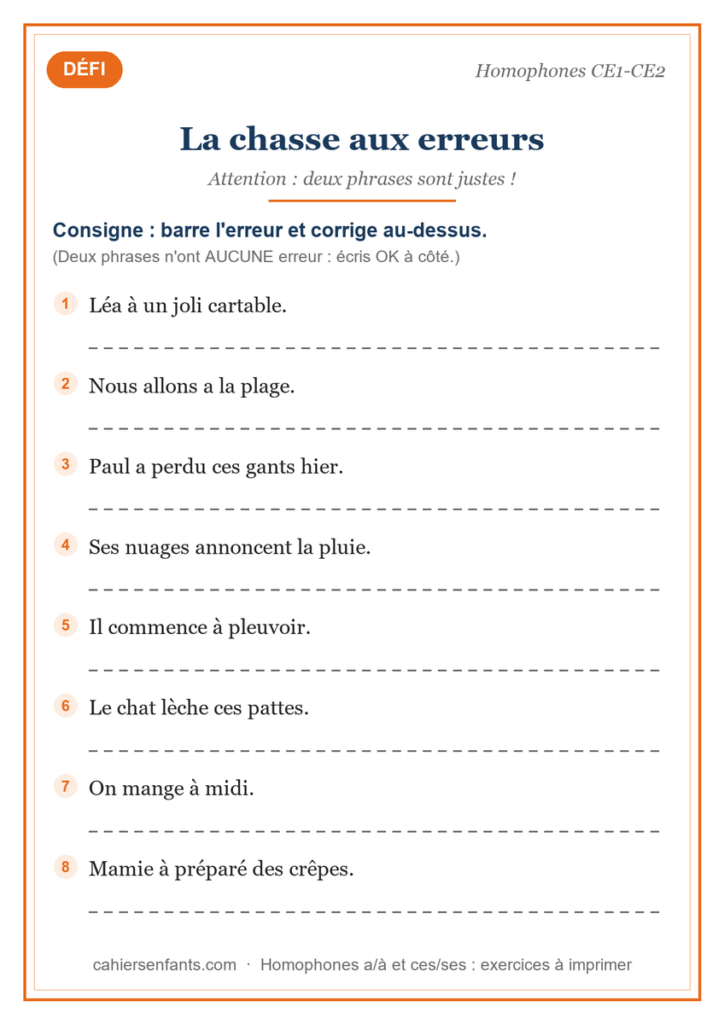 Chasse aux erreurs d'homophones, fiche défi CE1 CE2