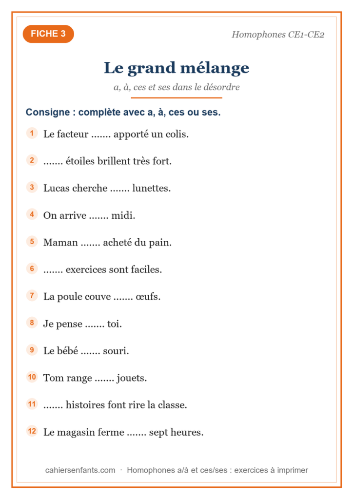 Fiche mélange des homophones a à ces ses à imprimer