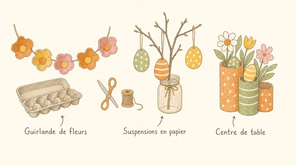 Infographie : trois décorations de Pâques en récup’ — guirlande de fleurs en boîte à œufs, suspensions en papier sur une branche et centre de table en rouleaux de carton