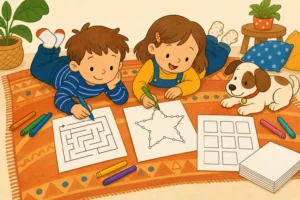 Deux enfants allonges sur un tapis completent des jeux imprimes, labyrinthe et points a relier