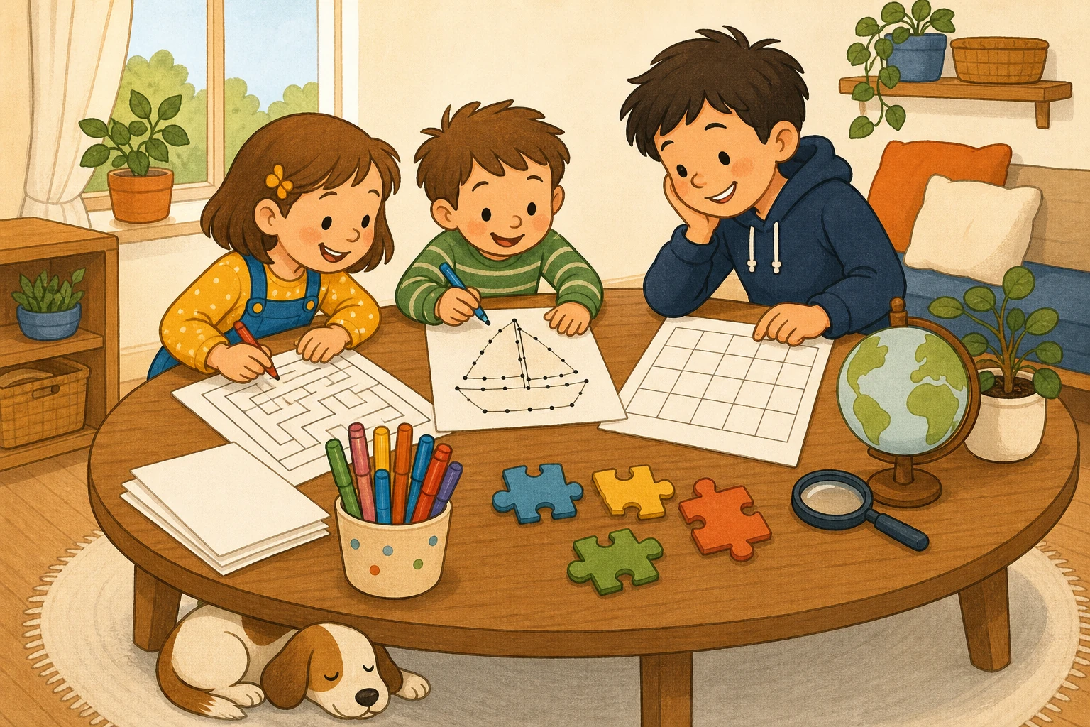 Trois enfants d'ages differents jouent autour d'une table avec des jeux educatifs imprimes