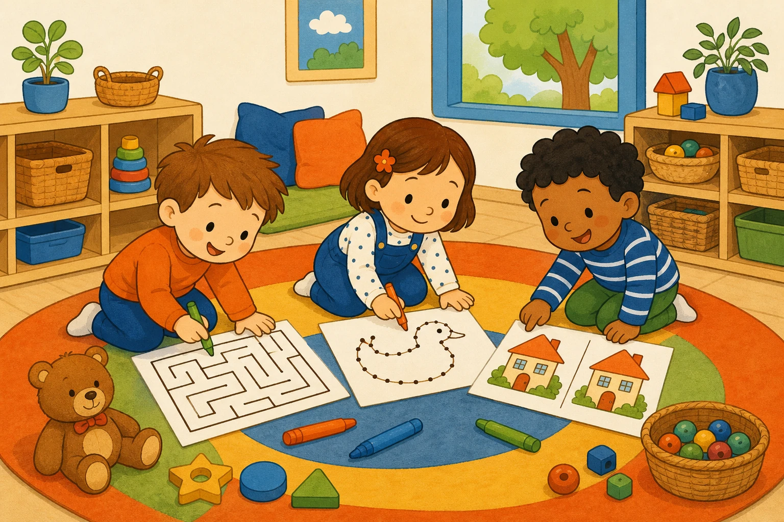 Trois tout-petits de maternelle jouent au sol sur un tapis avec des jeux imprimes et de gros feutres
