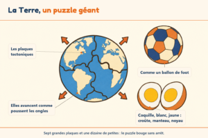Illustration pédagogique pour enfants des plaques tectoniques. Montre la Terre divisée, une analogie avec un ballon et un œuf, et le mouvement des plaques sur de la matière chaude.
