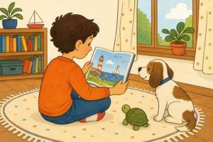 Un enfant tient un livre illustre ouvert devant lui