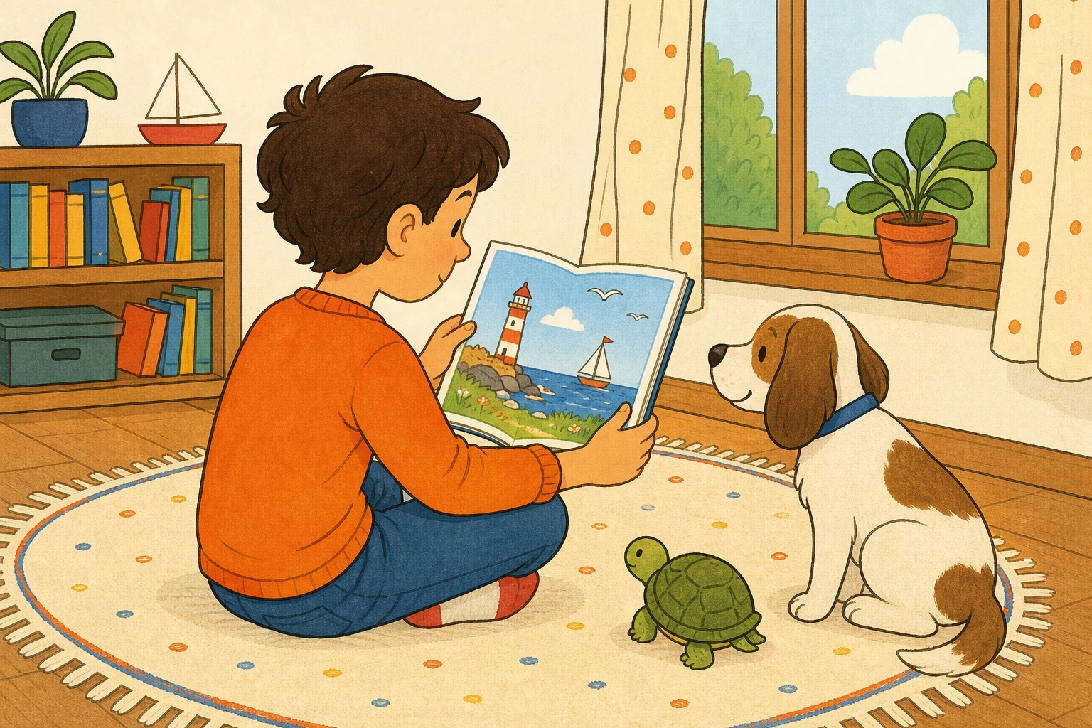 Un enfant tient un livre illustre ouvert devant lui