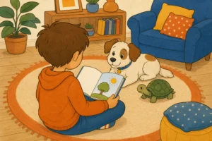 Un enfant lit un livre illustre sur le tapis du salon