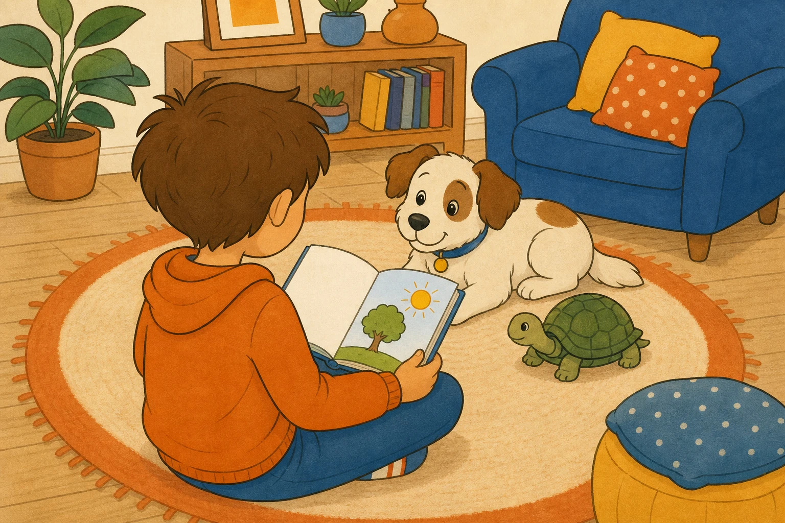 Un enfant lit un livre illustre sur le tapis du salon