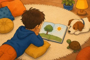 Un enfant lit un livre a plat sur le tapis