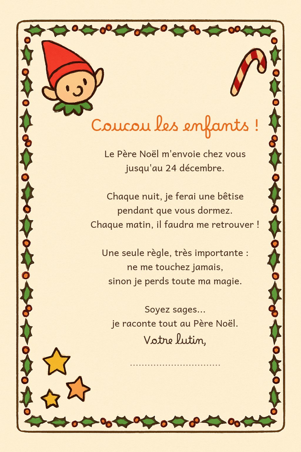 Lettre d'arrivée du lutin farceur à imprimer gratuitement, avec les règles du jeu